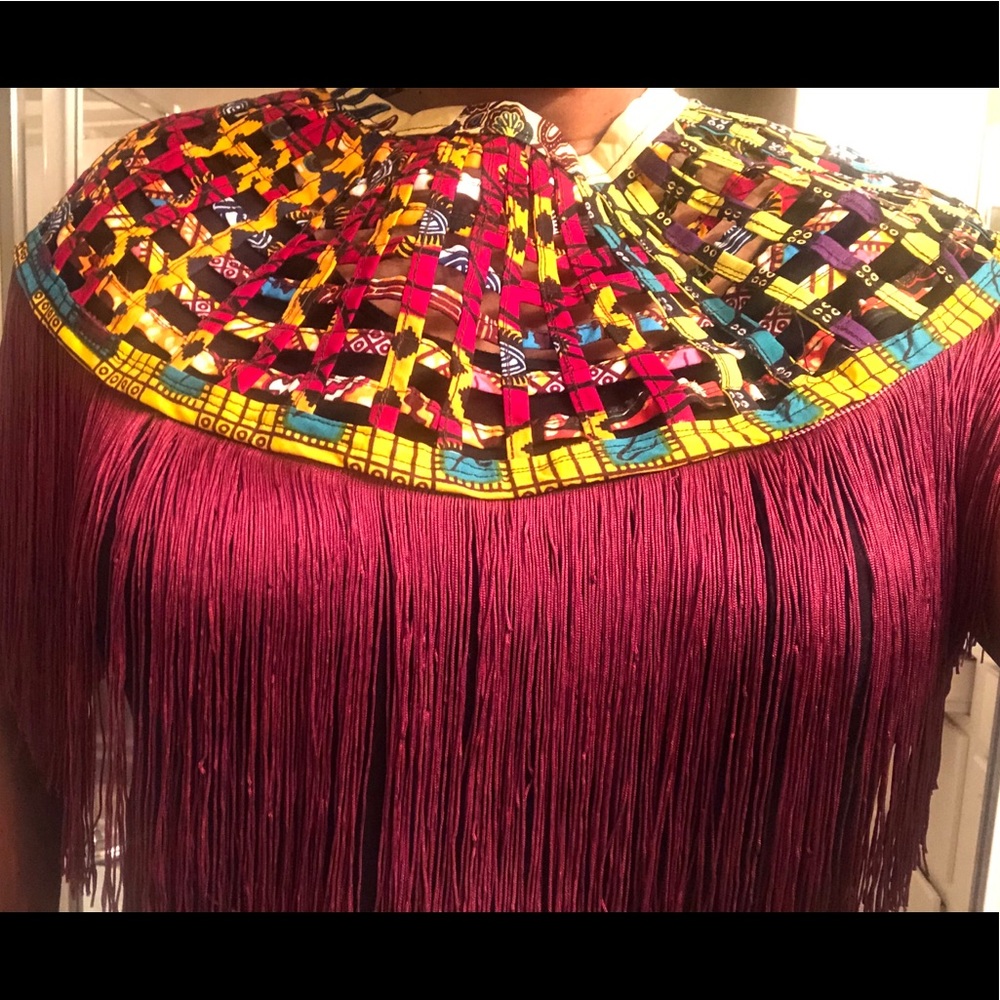 Multicolor African Print Fringe Collar Necklace - Burgundy Fringe